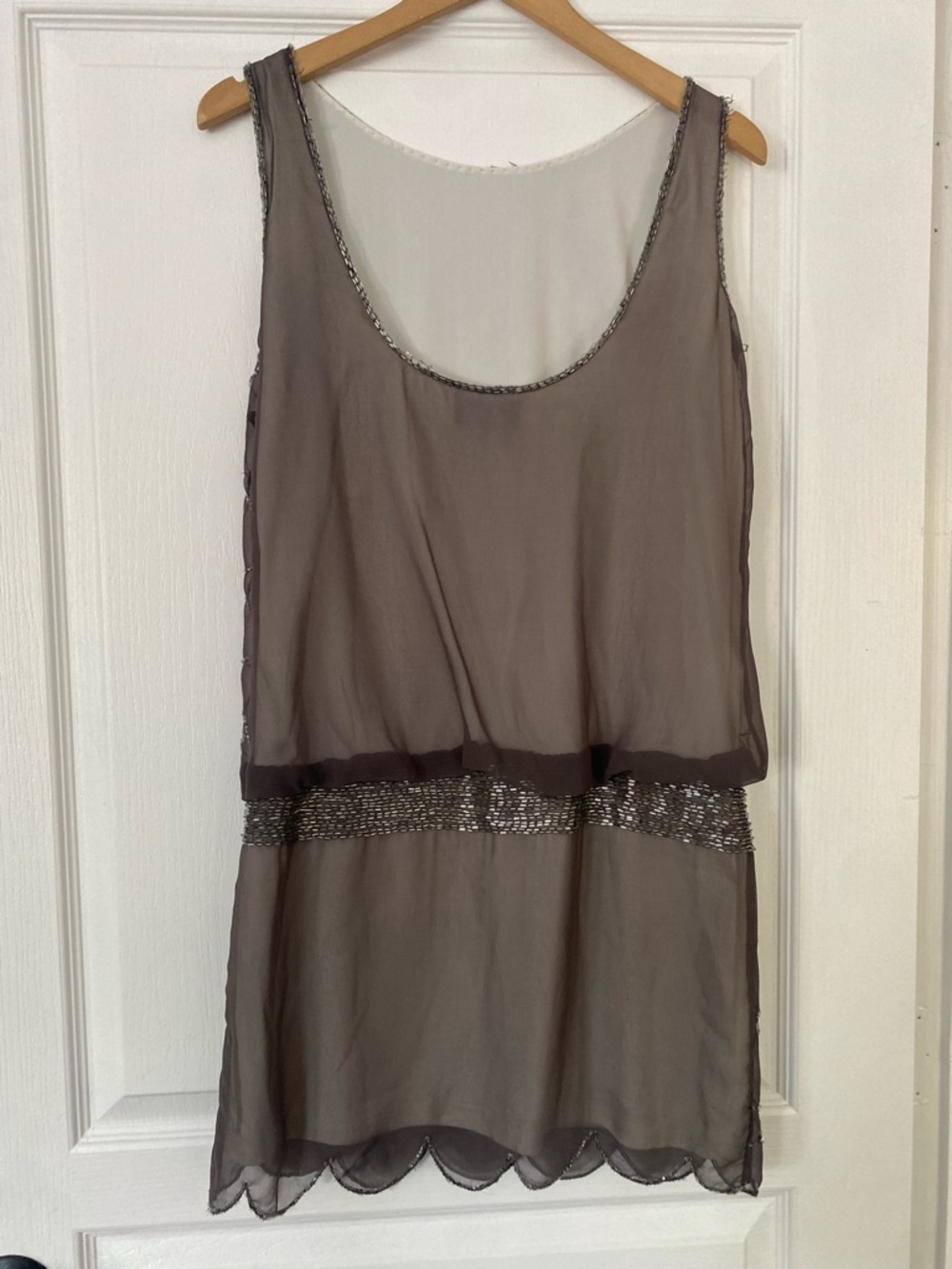Adrianna Papell Taupe Sheer Beaded Mini Dress